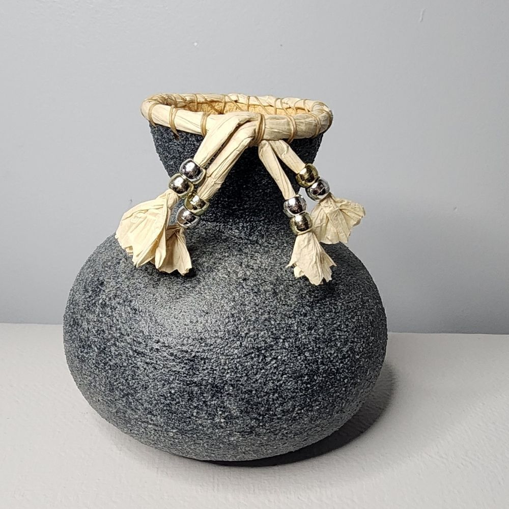 Handmade BOHO Carved Embellished Black Gourd Decorative Vase Tabletop Decor